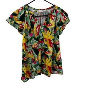 Calligraphie x Anthropologie linen blend Tropical Print Flutter Sleeve blouse M